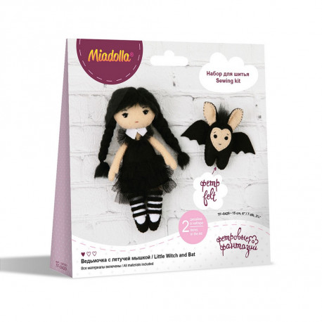 Ведьмочка с летучей мышкой, набор для шитья из флиса и фетра 15см Miadolla