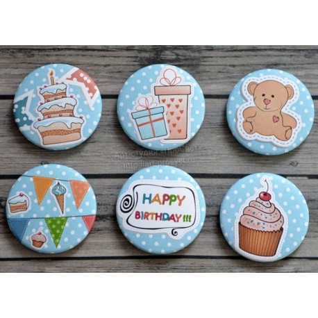 Happy birthday!!!, набор скрап-фишек для скрапбукинга 6шт. 2,5см АП
