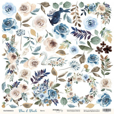 Цветы из коллекции Blue&Blush,  лист односторонней бумаги для вырезания 30х30см, 190гр/м Scrapmir