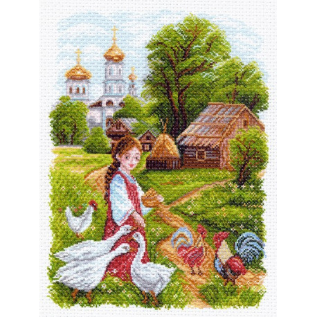 На птичьем дворе, канва с рисунком для вышивки нитками 37х49см 26цв. Матренин посад